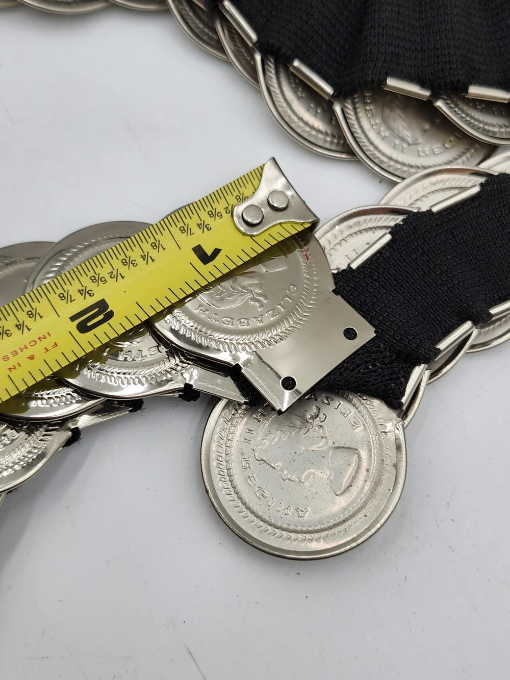 Vintage Elizabeth II Regina Coins Stretch Elastic Waist Belt Silver Tone